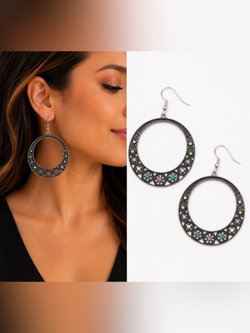 Chic Silver Hoop Earrings with Multicolor Accents